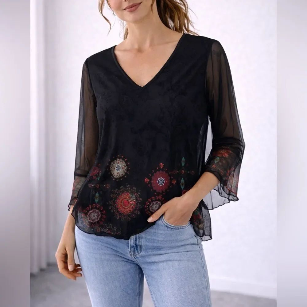 Desigual Black Mesh V Neck Top Floral Mandala Print Sheer Sleeves Size L